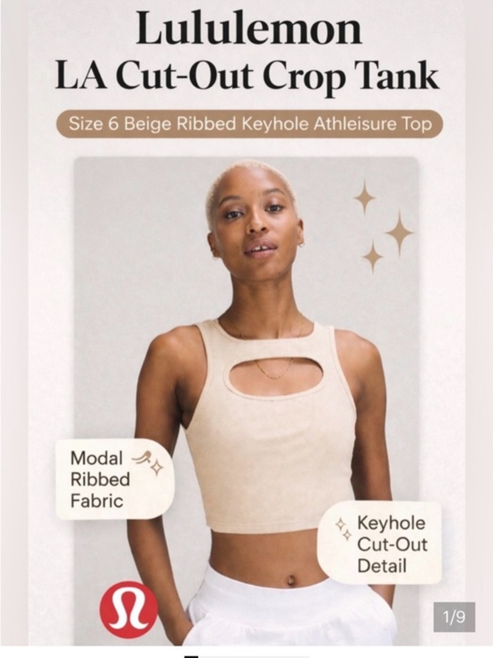 Lululemon‎ LA Front Cut-Out Crop Tank Top 6 Beige Open Back Cutout Ribbed